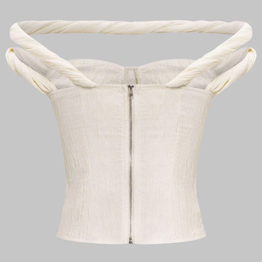 Twist-Shoulder Cream Strapless Crop Top - Picture 2 of 4
